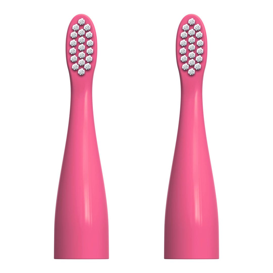 Two pink replacement electric toothbrush heads with white bristles, shown side by side on a plain white background.