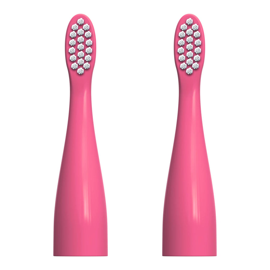 Two pink replacement electric toothbrush heads with white bristles, shown side by side on a plain white background.