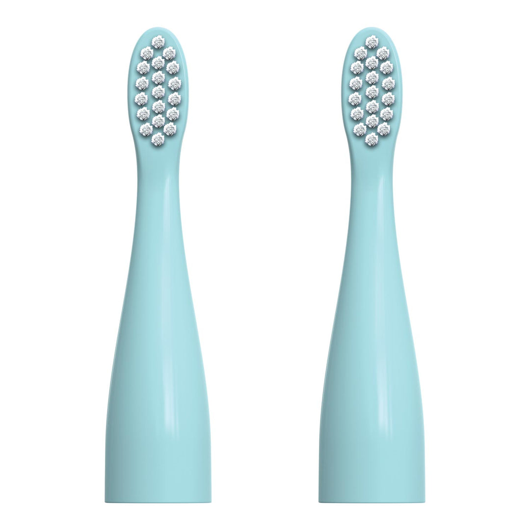 Two light blue replacement electric toothbrush heads with white bristles, shown side by side on a plain white background.