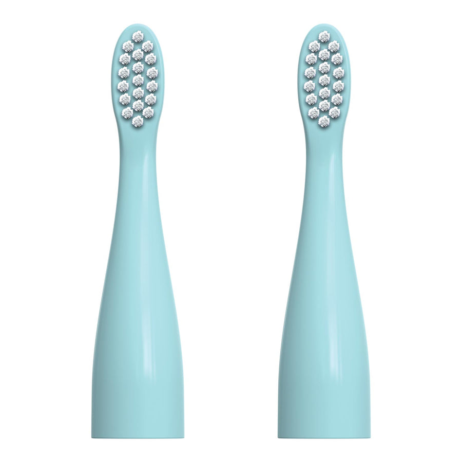 Two light blue replacement electric toothbrush heads with white bristles, shown side by side on a plain white background.