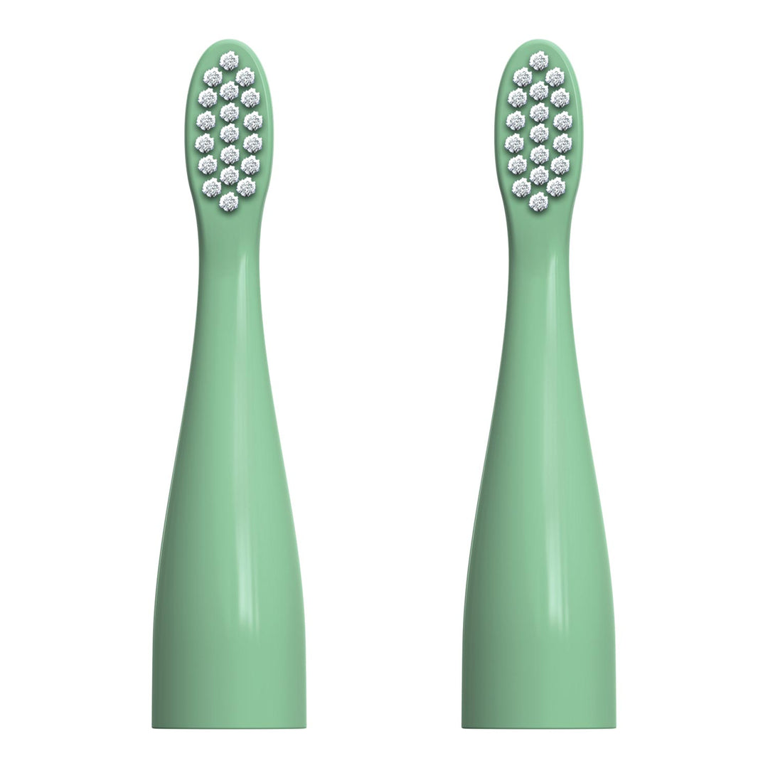 Two mint green replacement toothbrush heads with white bristles, shown side by side on a plain white background.