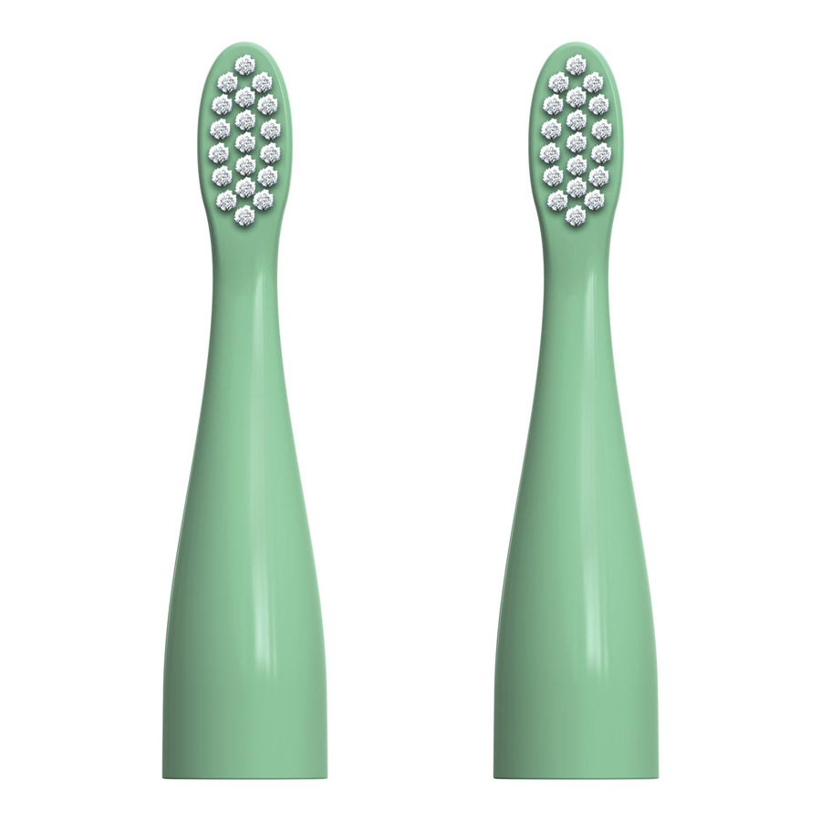 Two mint green replacement toothbrush heads with white bristles, shown side by side on a plain white background.