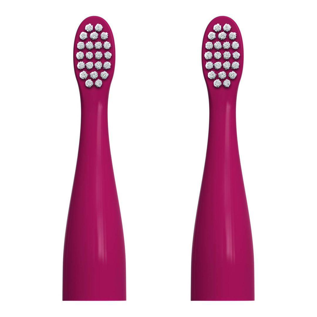 Two pink replacement electric toothbrush brush heads with silver bristles, shown side by side on a plain white background.