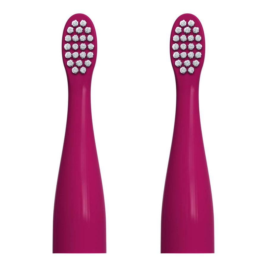 Two pink replacement electric toothbrush brush heads with silver bristles, shown side by side on a plain white background.