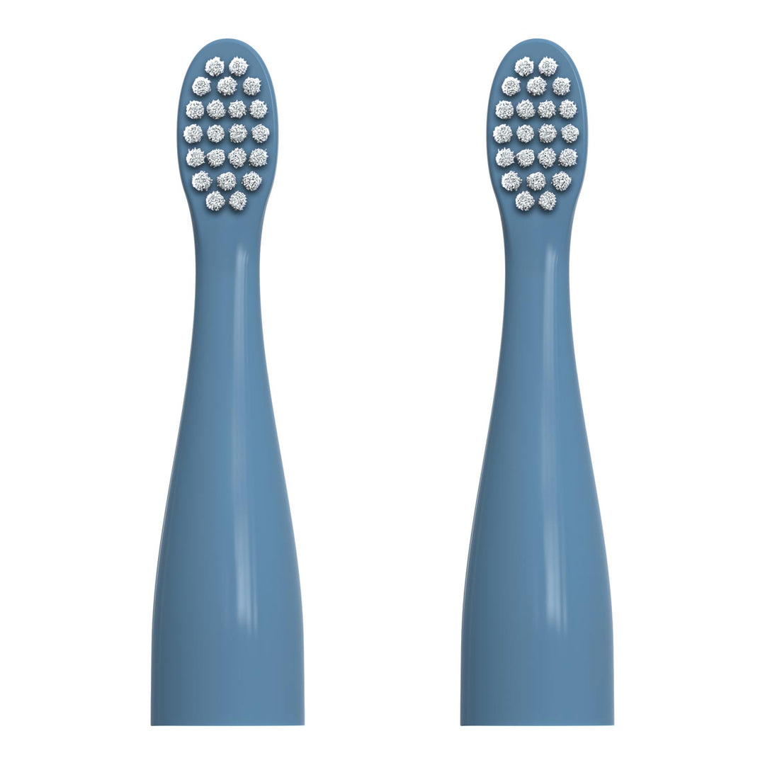 Two replacement electric toothbrush heads in a dusty blue color, shown side-by-side against a plain white background.