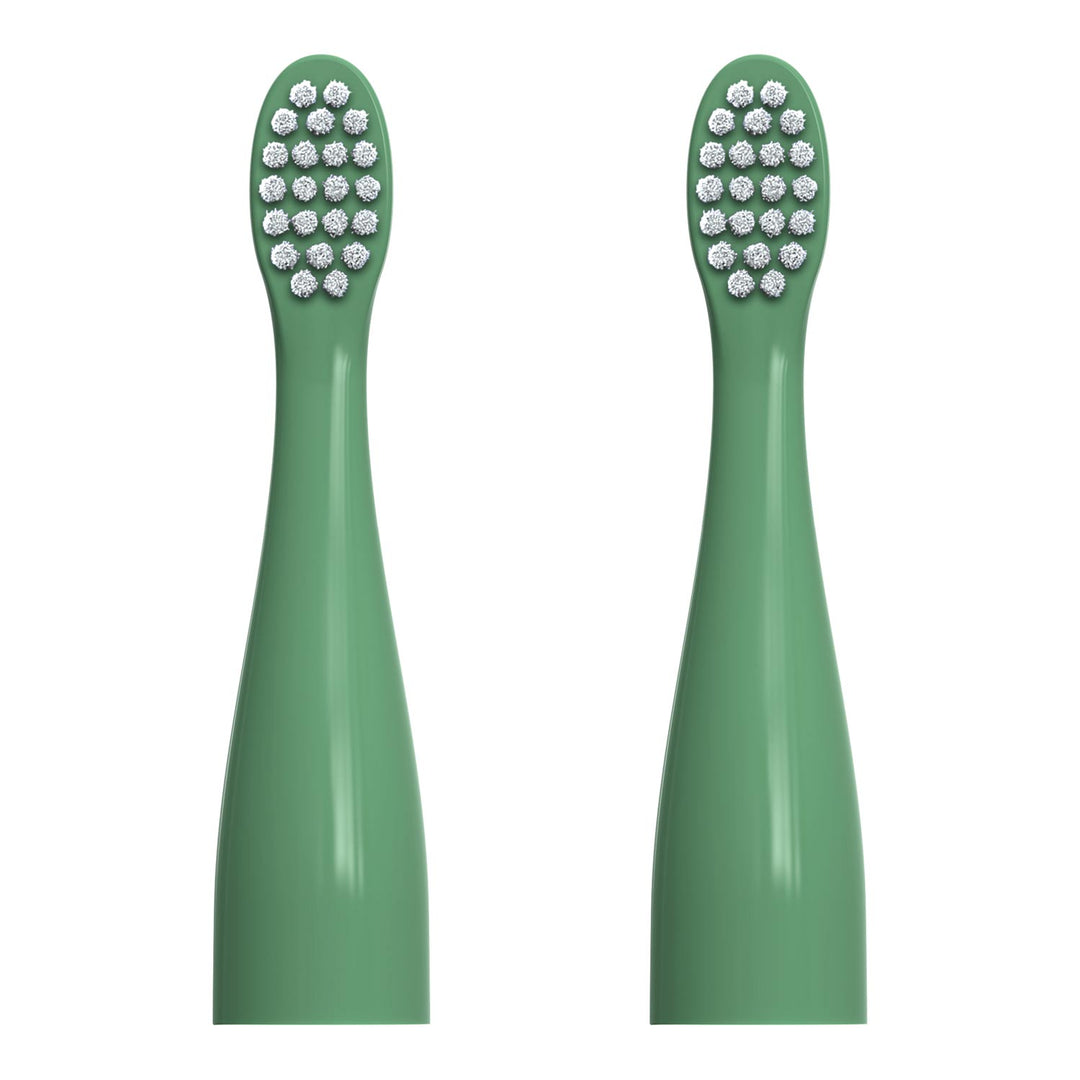 Two green replacement electric toothbrush heads with white bristles, shown side by side on a plain white background.