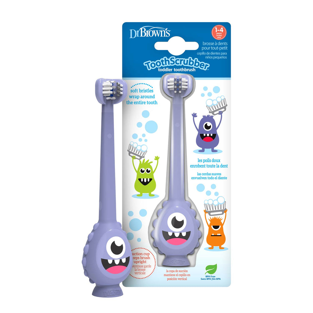 A Dr. Brown's™ ToothScrubber™ Toddler Toothbrush pack with two triple-sided, purple, one-eyed monster brushes featuring smiling faces on colorful packaging with cartoon monsters brushing their teeth.