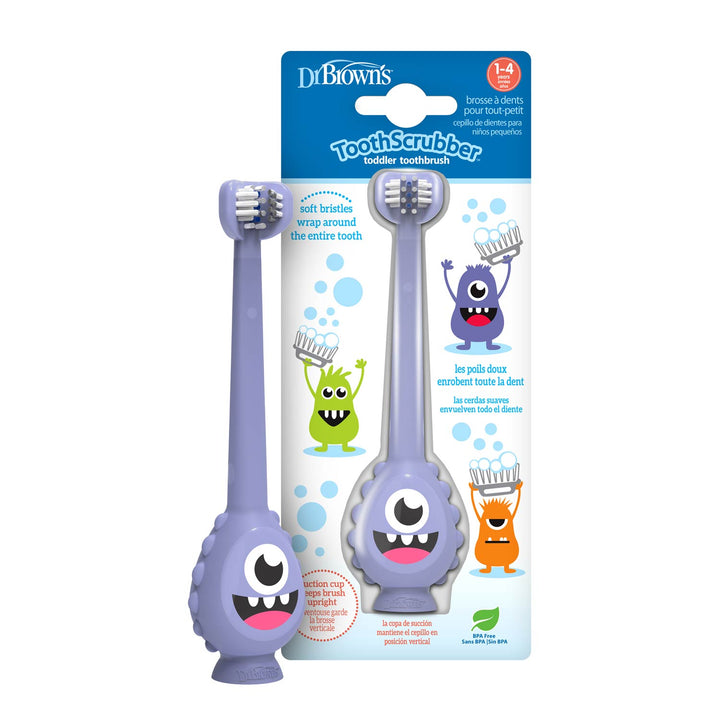 A Dr. Brown's™ ToothScrubber™ Toddler Toothbrush pack with two triple-sided, purple, one-eyed monster brushes featuring smiling faces on colorful packaging with cartoon monsters brushing their teeth.