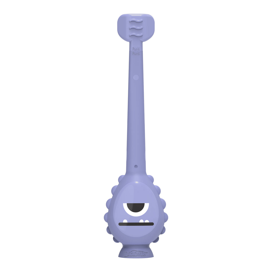 Dr. Brown's™ ToothScrubber™ Toddler Toothbrush in purple, with a monster design featuring one large eye, a wide smile with a single tooth, and spiky sides for easy grip.