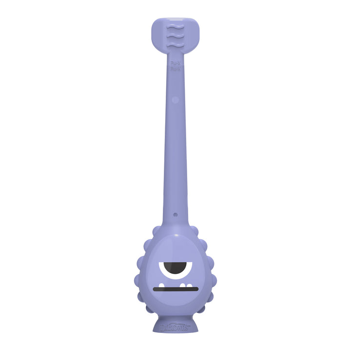 Dr. Brown's™ ToothScrubber™ Toddler Toothbrush in purple, with a monster design featuring one large eye, a wide smile with a single tooth, and spiky sides for easy grip.