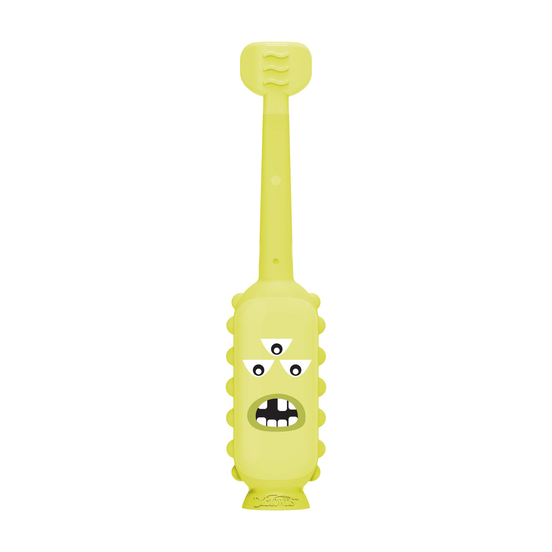 Dr. Brown's™ ToothScrubber™ Toddler Toothbrush features a yellow handle with a three-eyed cartoon monster face, an open mouth with two teeth, and color-changing bristles to make brushing fun and guide kids for better dental care.