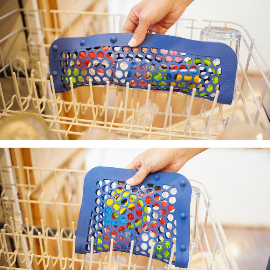 A hand places a blue, flexible silicone holder with large holes into a dishwasher rack. The holder secures small items like bottle caps and lids for cleaning. The top and bottom images show different perspectives of the same process.