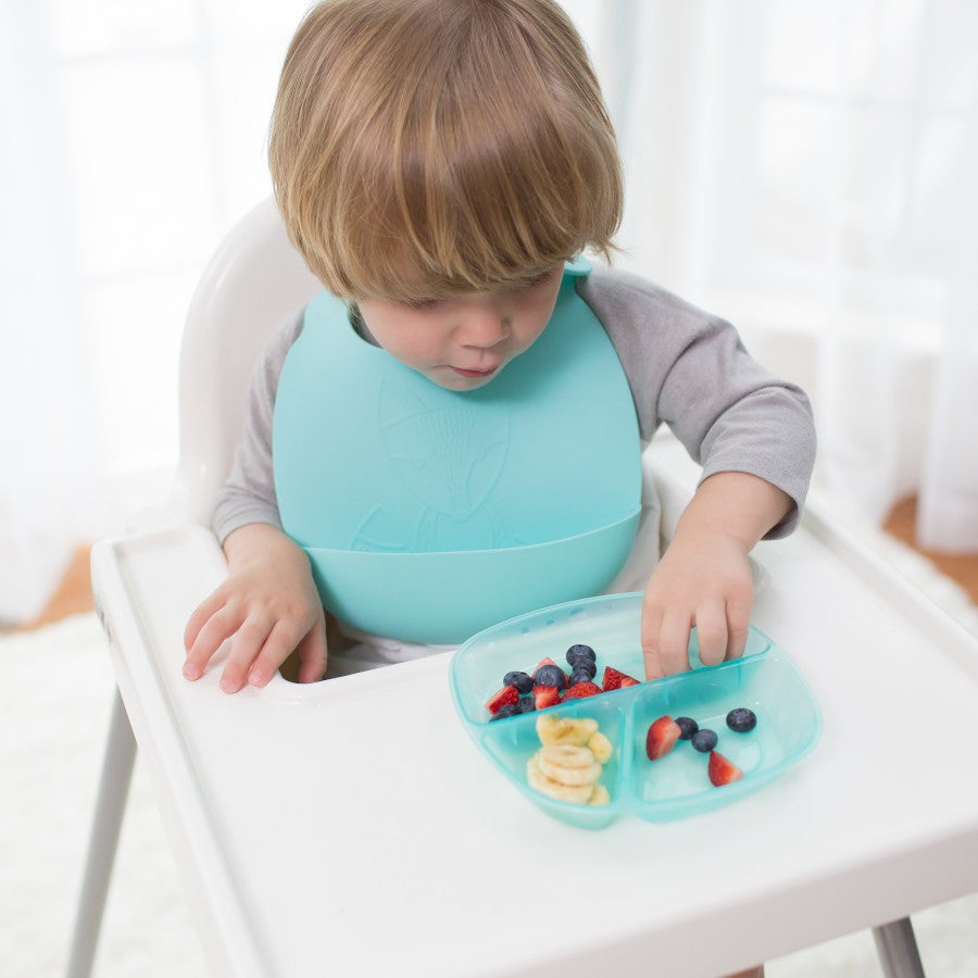 A toddler sits in a highchair wearing a light blue bib. They are picking food from a divided plate that contains sliced bananas, strawberries, and blueberries. The scene is in a bright room with soft natural lighting.