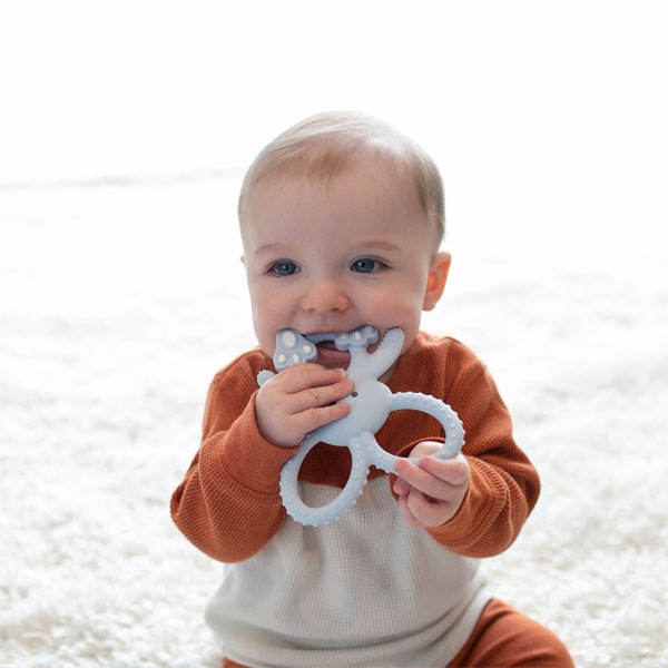 A baby wearing a brown and white outfit is sitting on a soft, light-colored carpet and chewing on a rubber teething toy shaped like a butterfly.