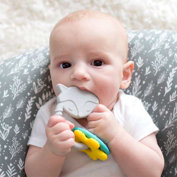 A baby with blue eyes is lying on a floral-patterned cushion, wearing a white onesie. The baby is holding and chewing on a fox-shaped teething toy.