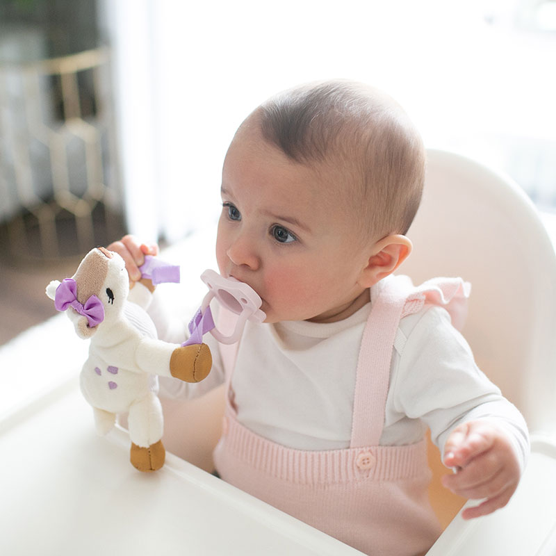 A baby wearing a pink outfit sits in a high chair, holding a plush toy and a pink pacifier. The baby looks curious and is in a brightly lit room.