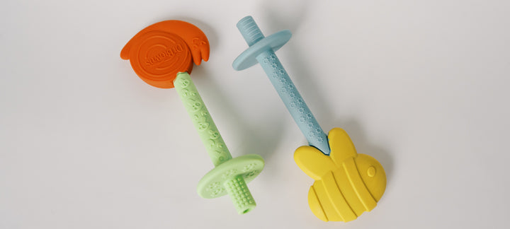 Two Dr. Brown's Teething Tubes, one with a bee design and one with a snail design