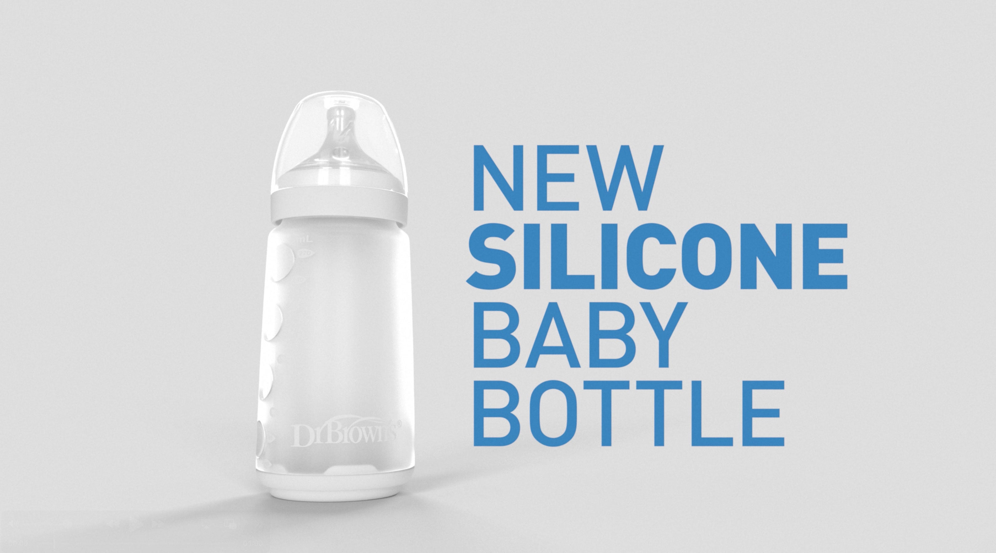 Silicone baby bottle on a gray background with text 'NEW SILICONE BABY BOTTLE'.