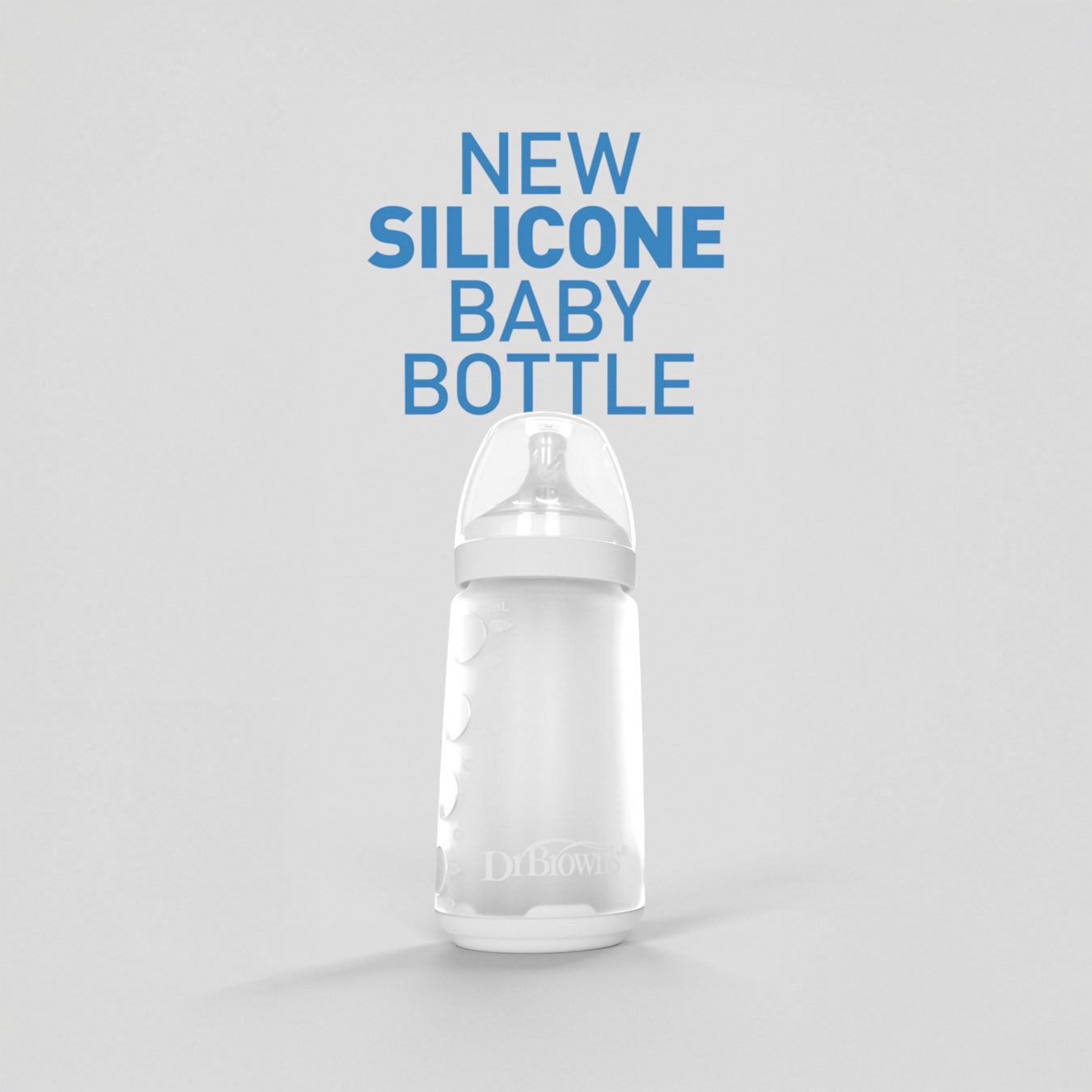 Silicone baby bottle with text on a gray background