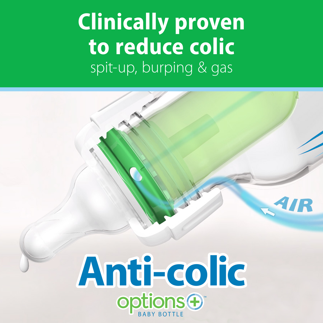 Anti-colic baby bottle valve with green filter and text on a white background
