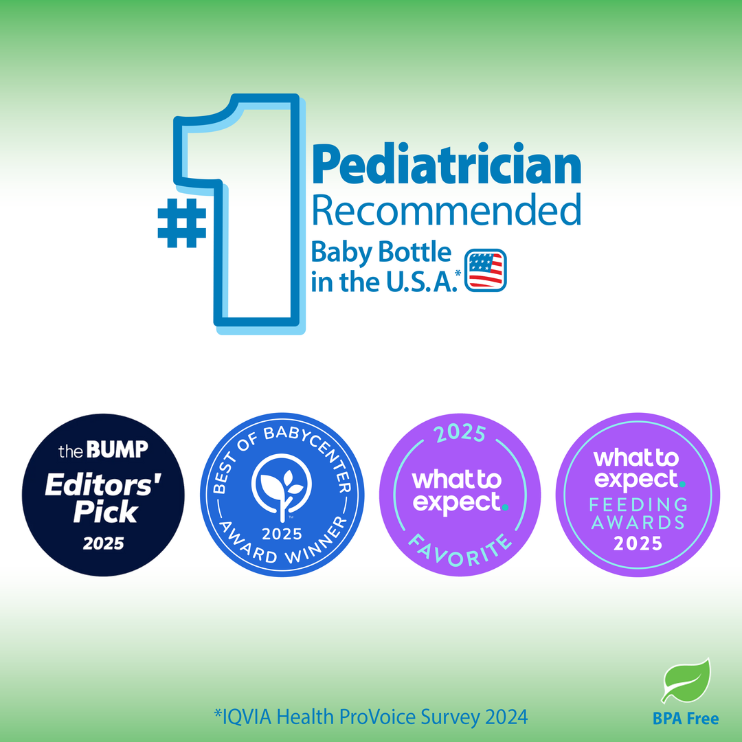 Promotional graphic for a baby bottle with various awards and badges on a gradient green background.