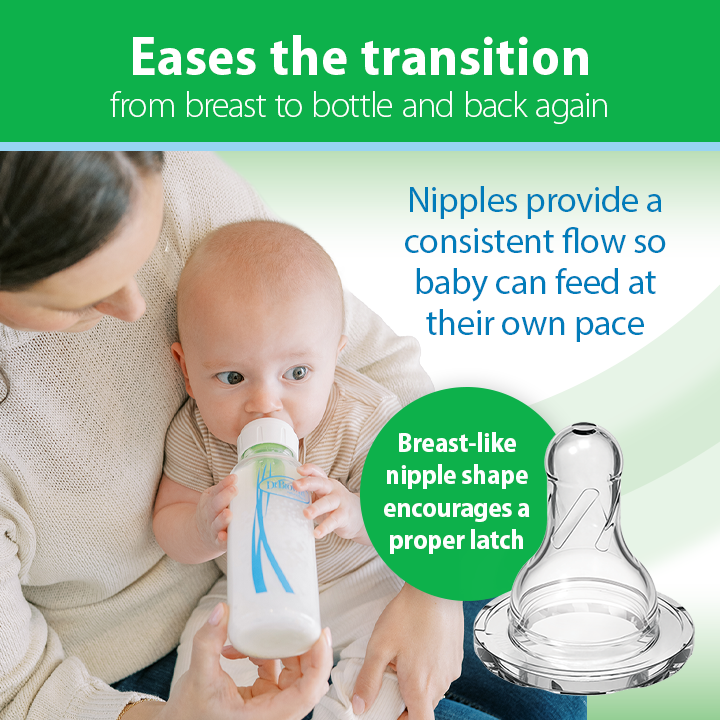 Woman holding a baby and a bottle with text about nipple design and transition from breast to bottle.