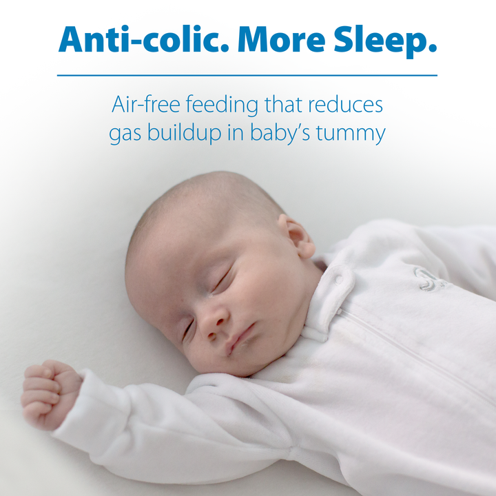 Newborn baby sleeping peacefully with text about anti-colic and more sleep.