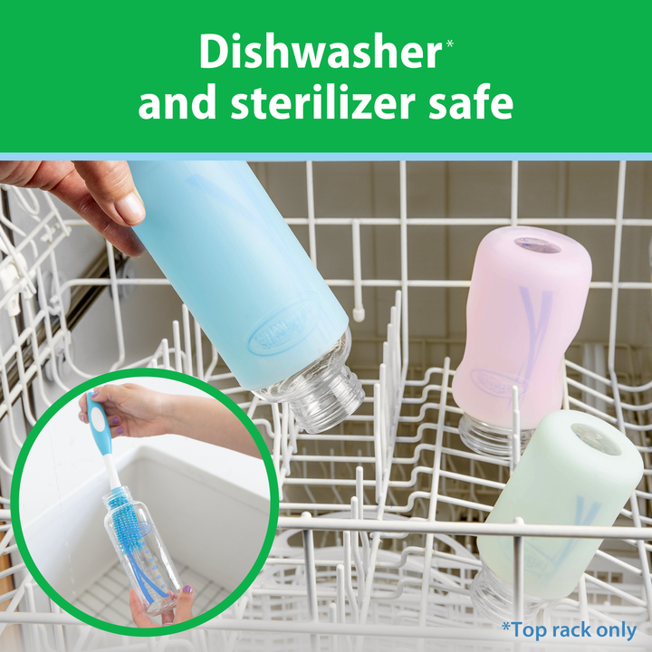 Dishwasher and sterilizer safe containers being placed in a dishwasher with a close-up of a bottle brush.