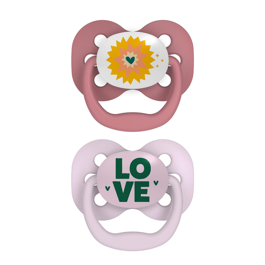 Advantage Pacifiers, pink and maroon, with a sun and Love
