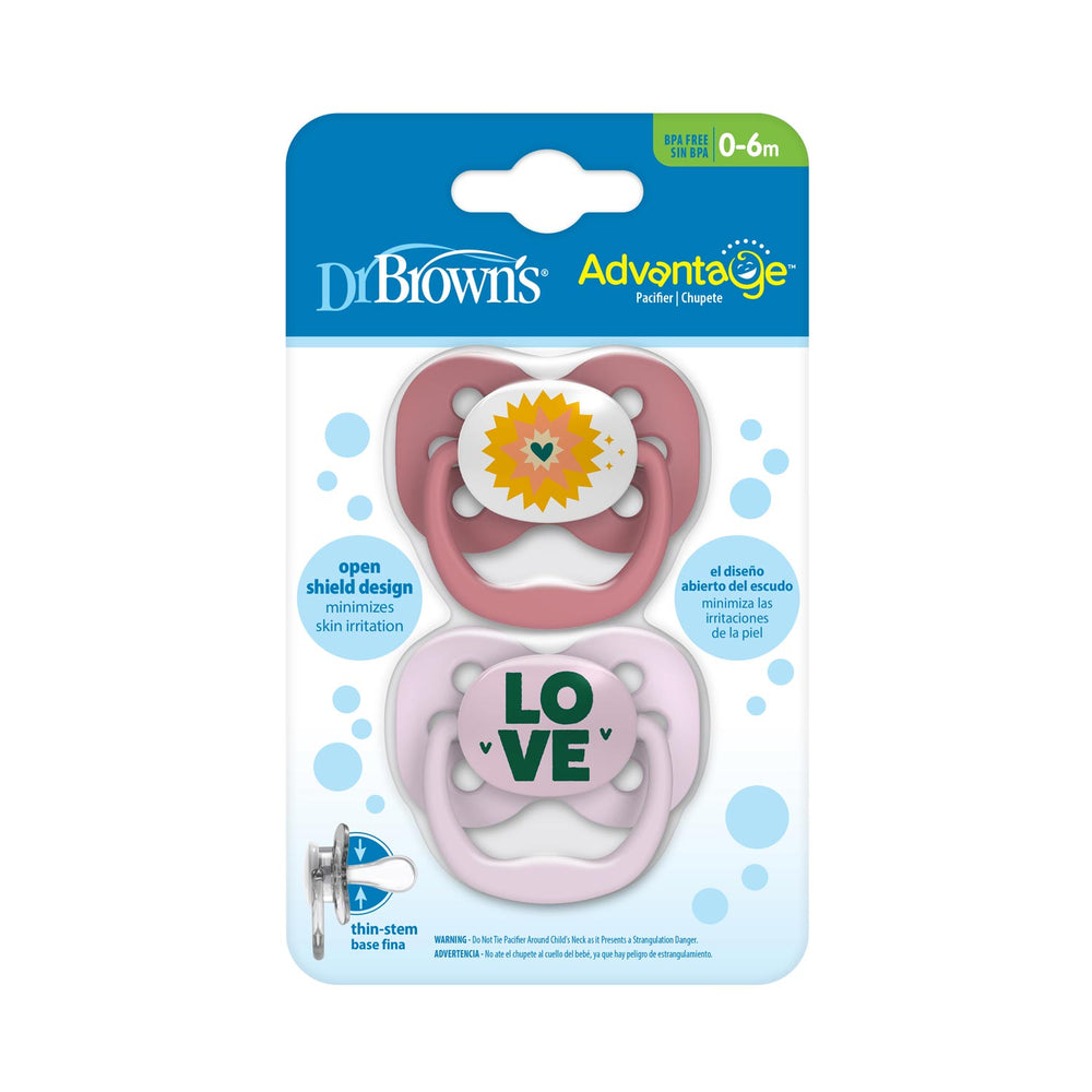 Advantage Pacifiers, pink and maroon, with a sun and Love, Packaged
