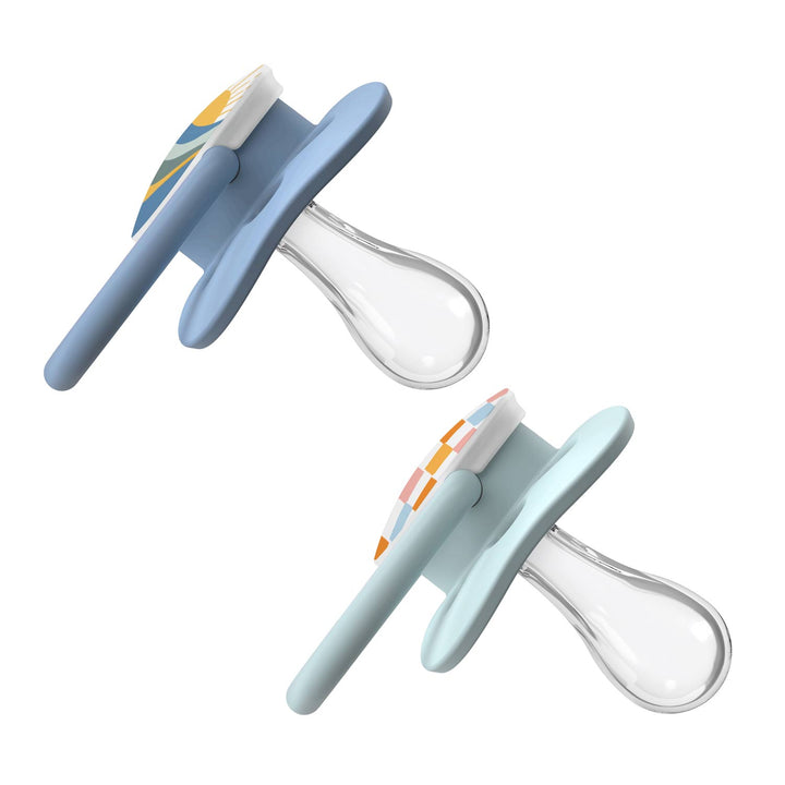 Advantage Pacifiers, blue and light green, with a sunrise over water and a checkered pattern, side-view