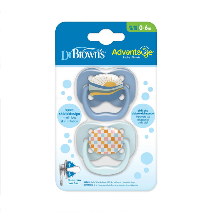 Advantage Pacifiers, blue and light green, with a sunrise over water and a checkered pattern, Packaged
