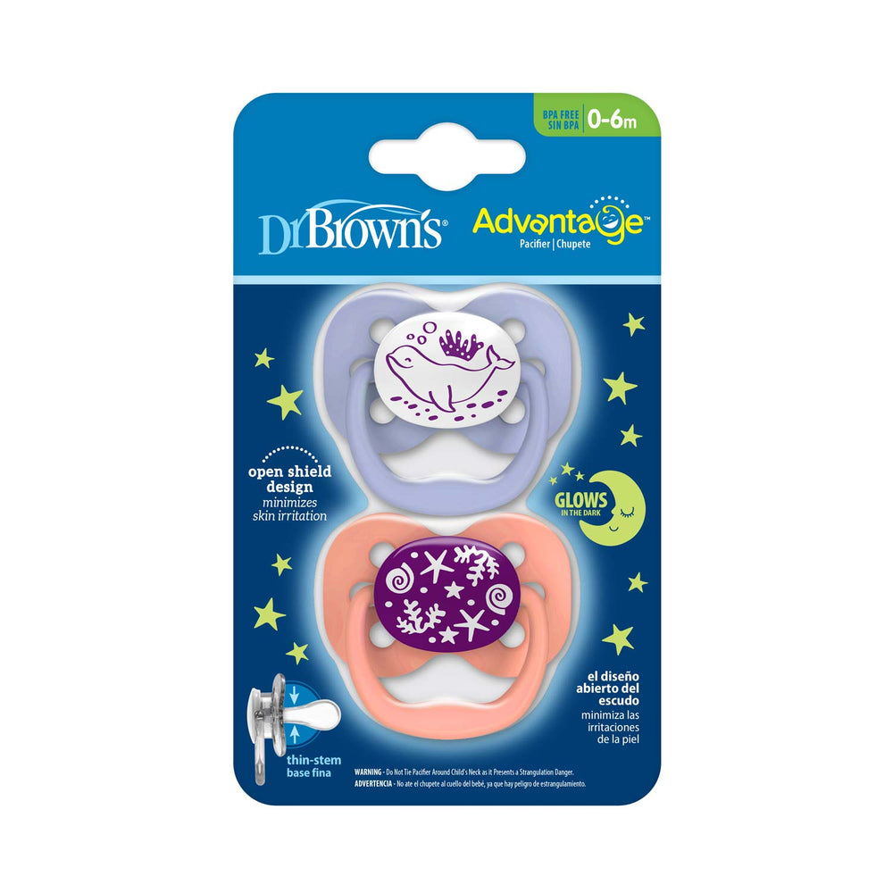 Dr. Brown's™ Advantage™ Glow-in-the-Dark Pacifiers for ages 0-6 months include two ocean-themed reversible pacifiers, one blue and one purple, featuring whimsical whale and starfish designs in a convenient 2-pack.