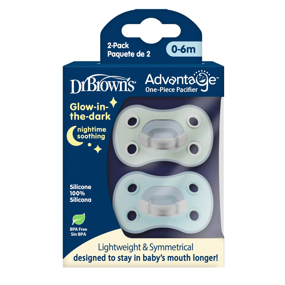 Dr. Brown's Advantage One-Piece Pacifier 2-pack in glow-in-the-dark silicone, shown in its original retail packaging against a white background.