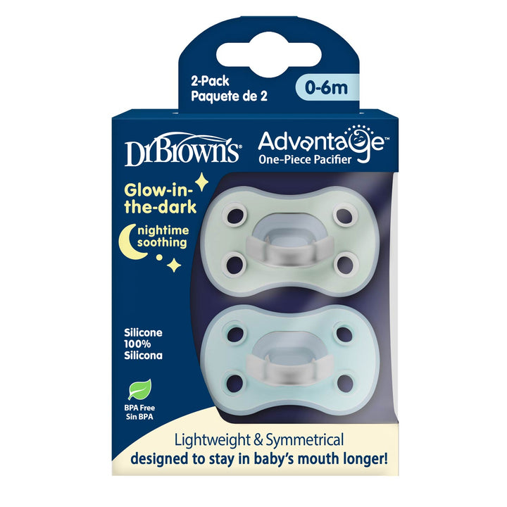 Dr. Brown's Advantage One-Piece Pacifier 2-pack in glow-in-the-dark silicone, shown in its original retail packaging against a white background.
