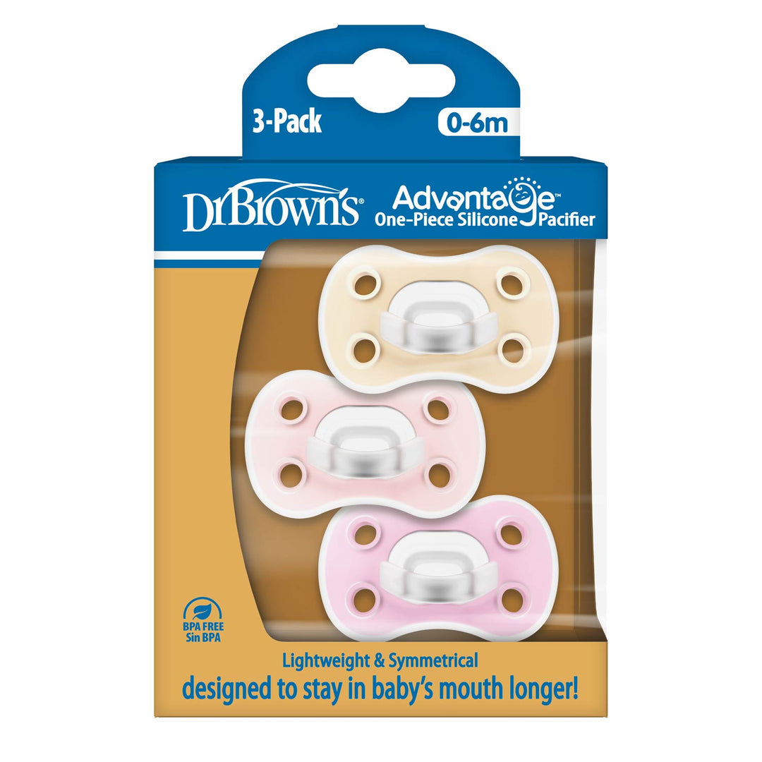 Dr. Brown's® Advantage™ One-Piece Silicone Pacifier – 3-Pack for ages 0-6 months includes three BPA-free, lightweight, symmetrical silicone pacifiers in pastel colors with a gentle, safe one-piece design.