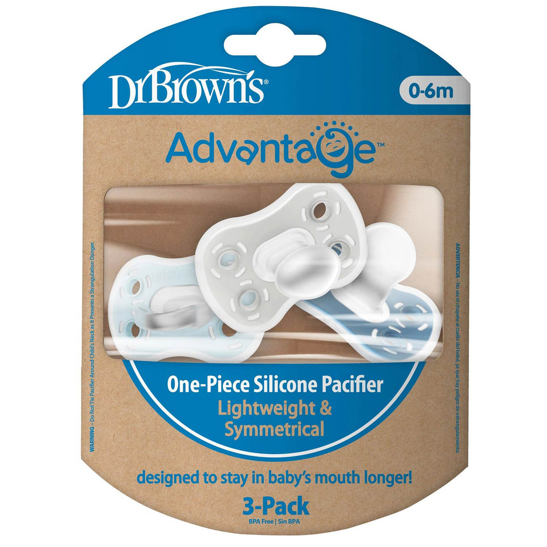 Dr. Brown's® Advantage™ One-Piece Silicone Pacifier – 3-Pack for ages 0-6 months features three white, BPA-free, lightweight silicone pacifiers with a gentle, symmetrical design in convenient packaging.