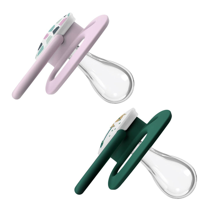 Advantage Pacifiers, green and pink, with a squirrel on a scooter and colored rectangles, side-view