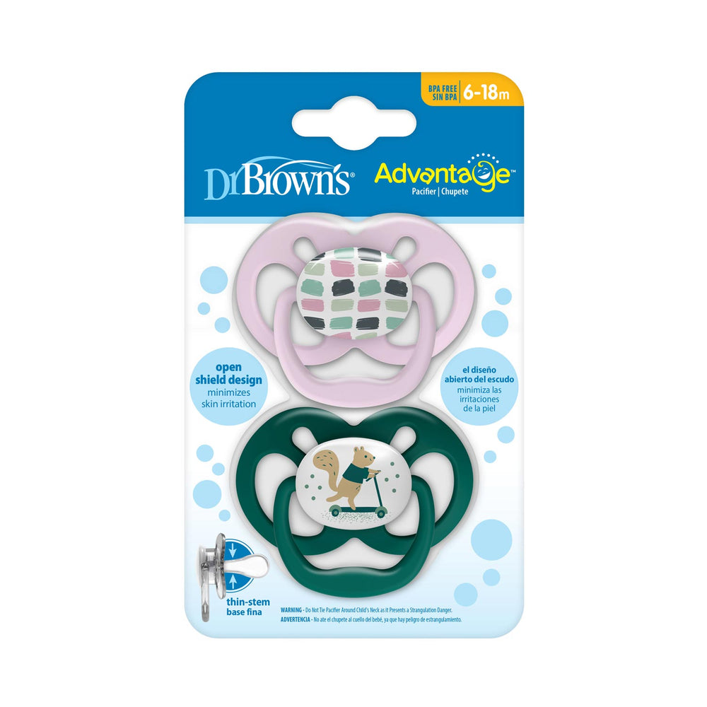 Advantage Pacifiers, green and pink, with a squirrel on a scooter and colored rectangles, Packaged