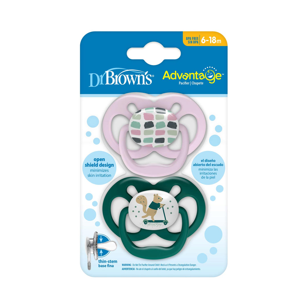 Advantage Pacifiers, green and pink, with a squirrel on a scooter and colored rectangles, Packaged