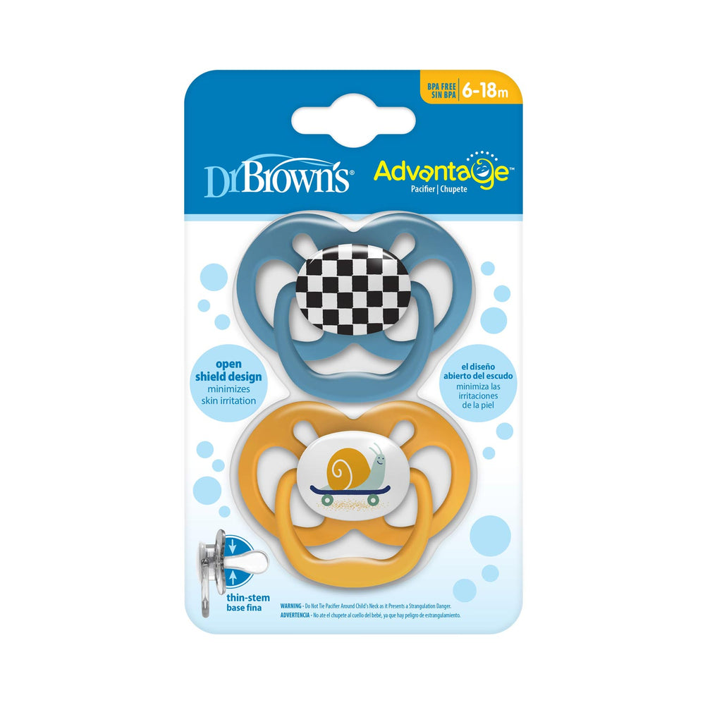Dr. Brown’s™ Advantage™ Pacifiers, 2 count for ages 6-18 months, come BPA-free with a reversible silicone bulb and open shield. The pack includes a blue pacifier with a checkered pattern and a yellow one with a snail illustration from Dr. Brown's.