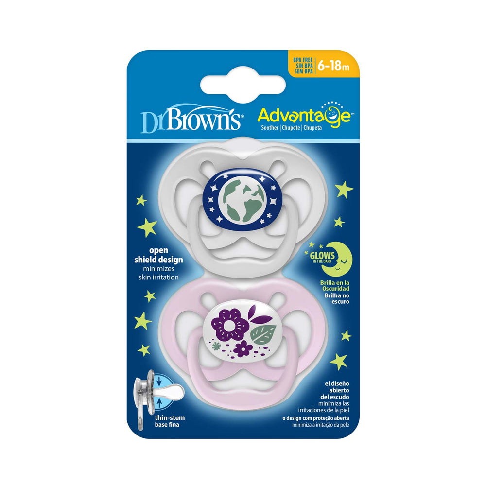 Dr. Brown's™ Advantage™ Glow-in-the-Dark Pacifiers, 2 Count, for ages 6-18 months, include two reversible bulb pacifiers: one glows with a globe and stars design and the other features purple flowers. Both have open shields to reduce skin irritation.