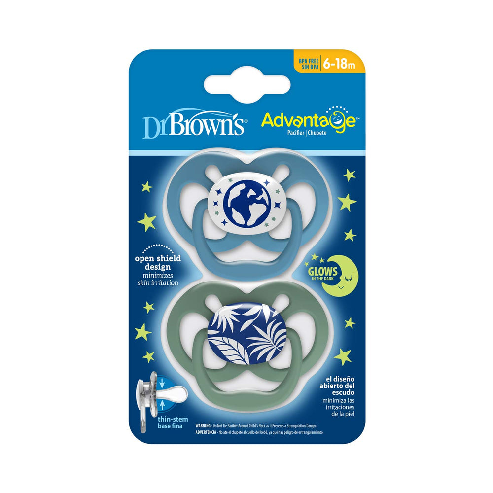 Dr. Brown's™ Advantage™ Glow-in-the-Dark Pacifiers for 6-18 months come in a pack of two: one with a globe design and the other with palm trees. Featuring an open shield, thin-stem base, BPA-free materials, they include instructions in English and Spanish.