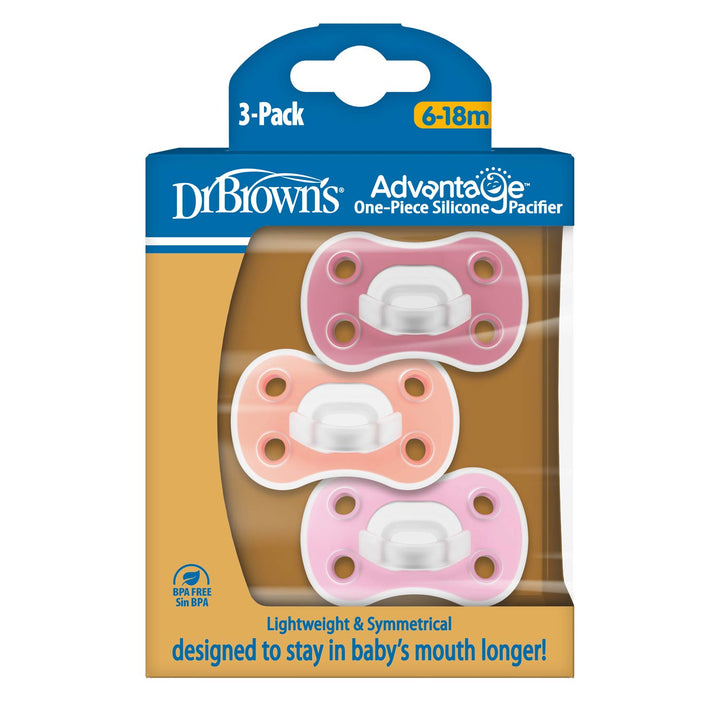 Dr. Brown's® Advantage™ One-Piece Silicone Pacifier 3-Pack includes lightweight, symmetrical pacifiers for ages 6-18 months in pink and purple.