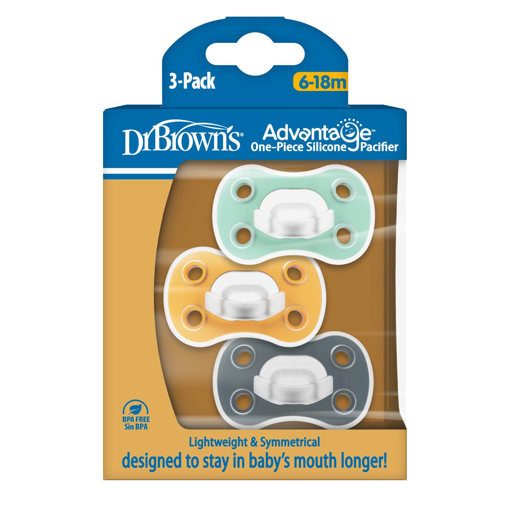 Dr. Brown's® Advantage™ One-Piece Silicone Pacifier – 3-Pack for ages 6-18 months includes three lightweight, symmetrical silicone pacifiers in blue, green, and orange.