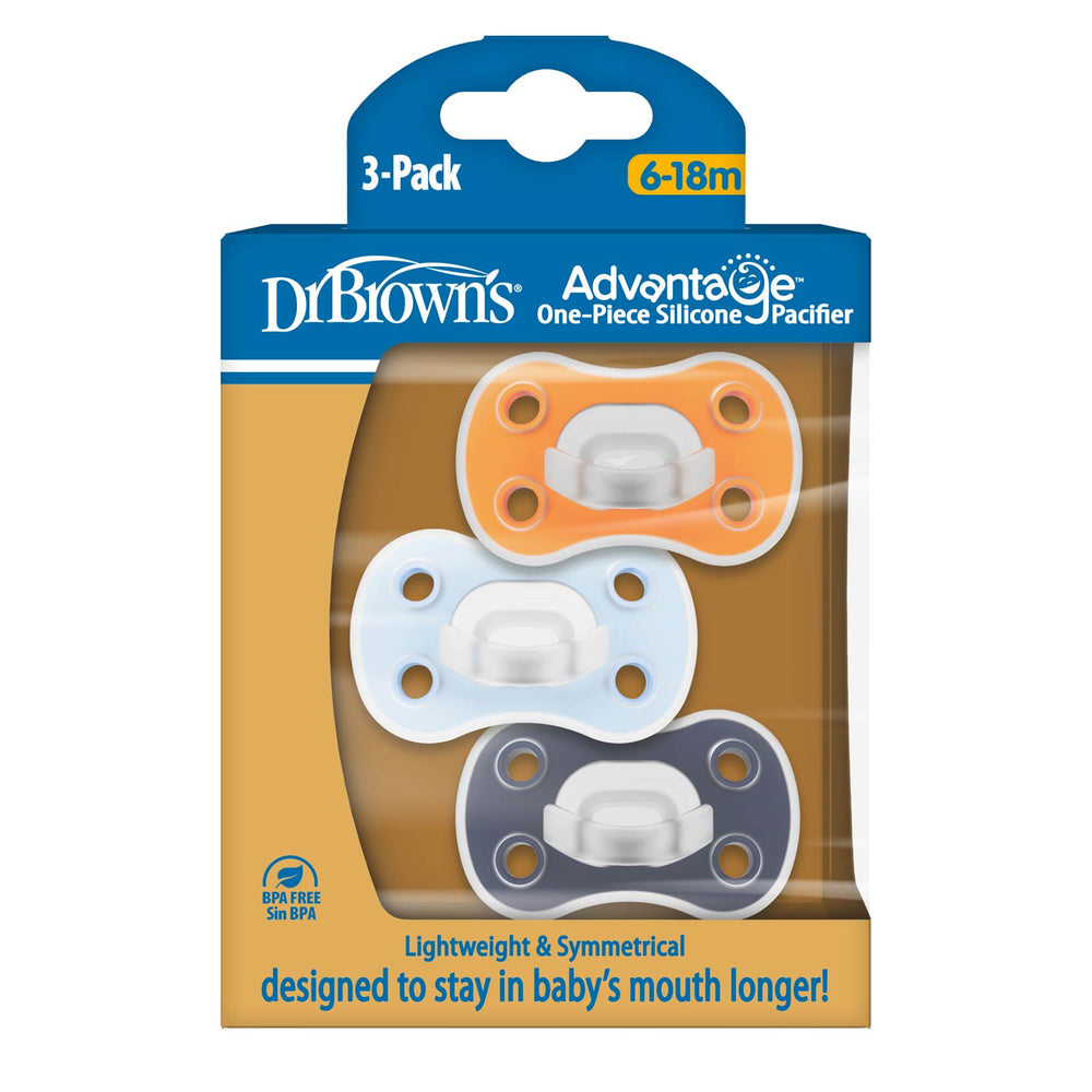 Dr. Brown's® Advantage™ One-Piece Silicone Pacifier – 3-Pack for ages 6–18 months features a lightweight, symmetrical silicone design gentle on baby’s skin. Includes orange, light blue and dark blue pacifiers in packaging.