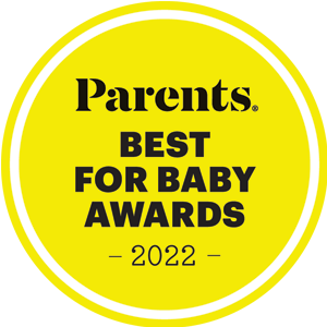 Yellow circular badge with black text that reads "Parents Best for Baby Awards 2022.