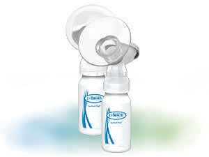 Two white baby bottles are attached to a breast pump set. The bottles have blue logos and are placed on a soft gradient background with blue and green hues.