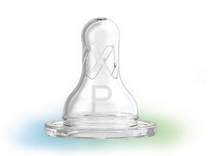A transparent baby bottle nipple with an embossed pattern stands upright. The base is flat and the design is simple, featuring a letter "P" on its surface. The background is softly shaded in blue and green hues.