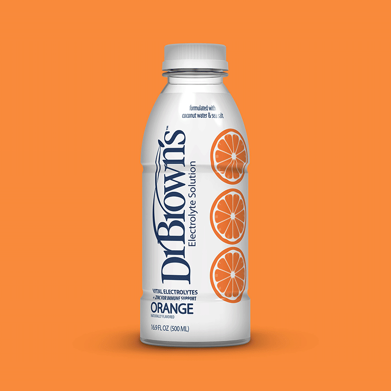Dr. Brown's Electrolyte Solution on Orange background.